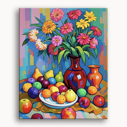 A still life painting featuring vibrant flowers and assorted fruit arranged on a wooden table.