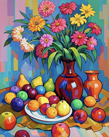 A still life painting featuring vibrant flowers and assorted fruit arranged on a wooden table.