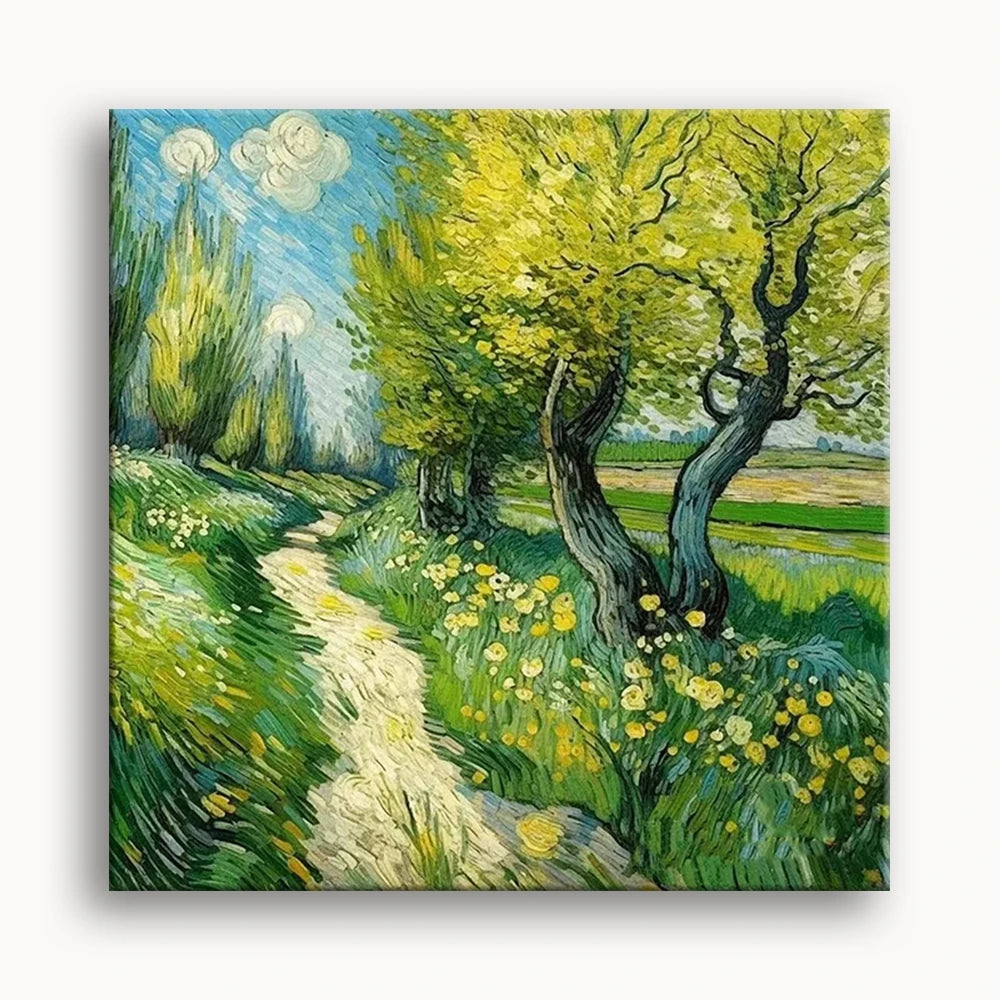 An artistic representation of a tranquil path cutting through a field, surrounded by trees and a variety of flowers.