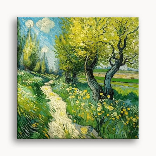 An artistic representation of a tranquil path cutting through a field, surrounded by trees and a variety of flowers.