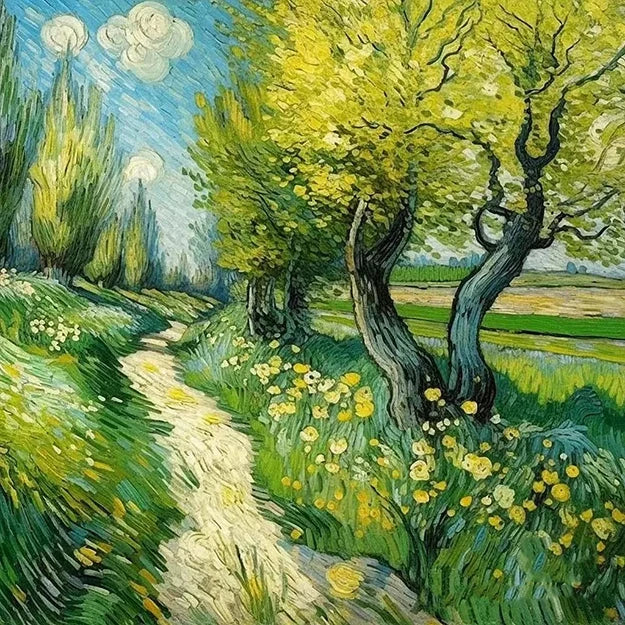 An artistic representation of a tranquil path cutting through a field, surrounded by trees and a variety of flowers.