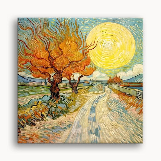 A painting depicting a road lined with trees, with a bright sun shining in the background.