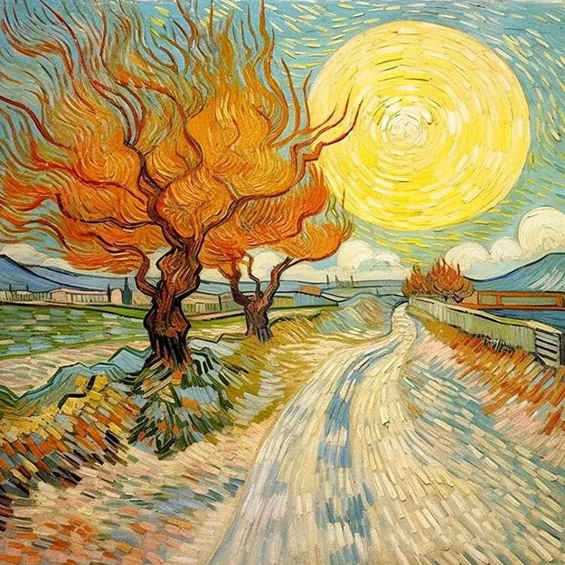 A painting depicting a road lined with trees, with a bright sun shining in the background.