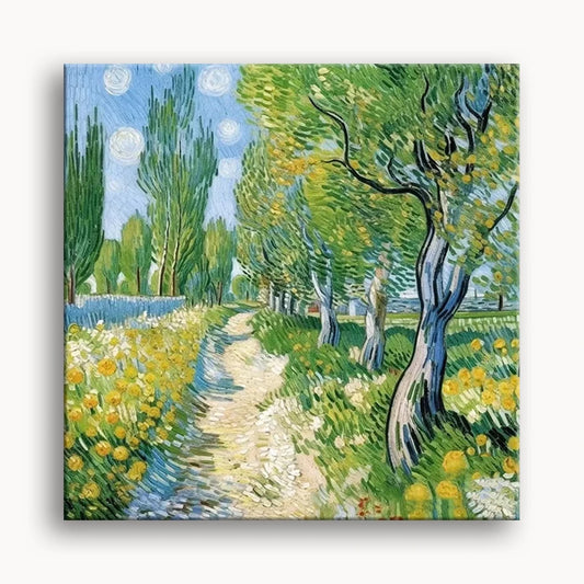 A serene painting depicting a winding path surrounded by lush trees and vibrant flowers in full bloom.