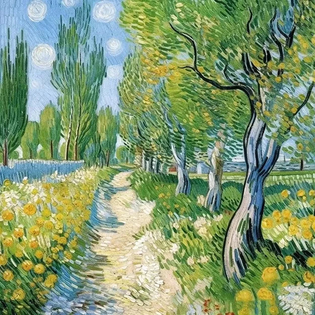 A serene painting depicting a winding path surrounded by lush trees and vibrant flowers in full bloom.