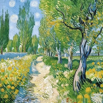 A serene painting depicting a winding path surrounded by lush trees and vibrant flowers in full bloom.