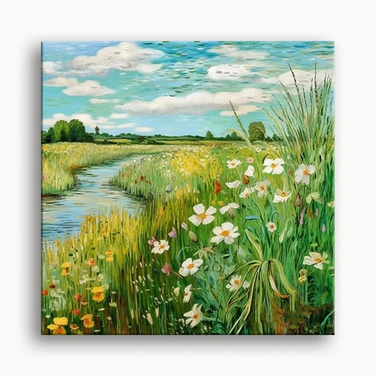 A vibrant painting depicting a field of wildflowers beside a flowing river under a clear blue sky.