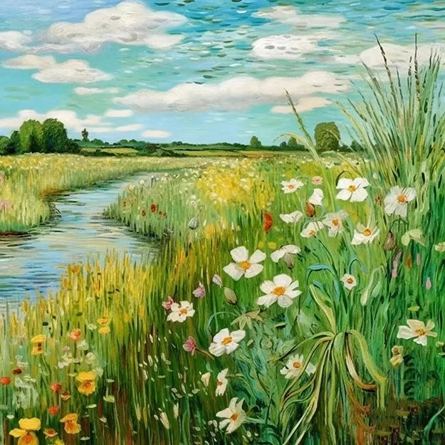 A vibrant painting depicting a field of wildflowers beside a flowing river under a clear blue sky.