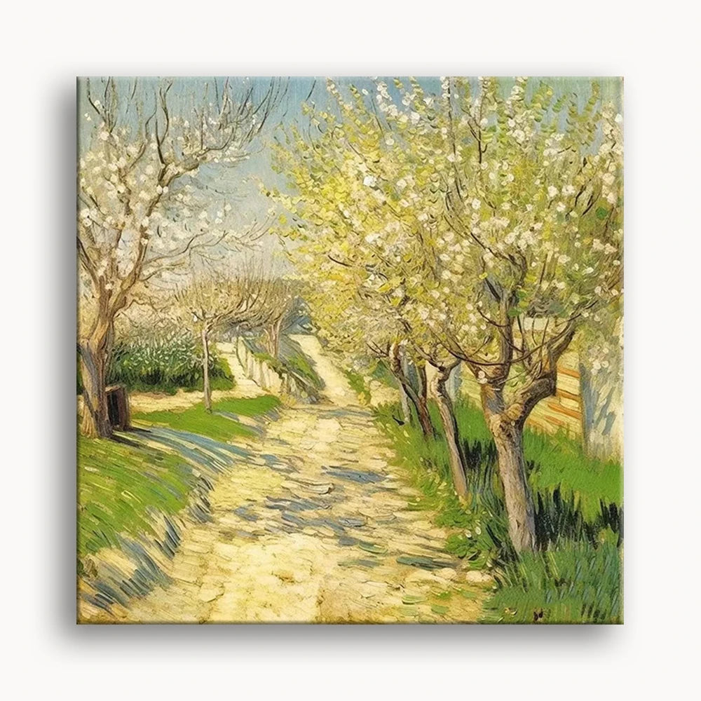 A vibrant painting of an apple tree in full bloom, showcasing delicate white flowers against a blue sky.