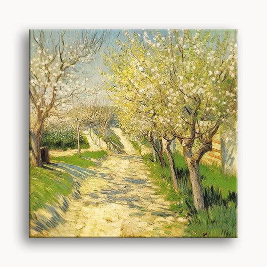 A vibrant painting of an apple tree in full bloom, showcasing delicate white flowers against a blue sky.