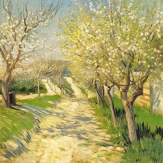A vibrant painting of an apple tree in full bloom, showcasing delicate white flowers against a blue sky.