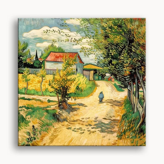 A painting depicting a winding road leading to a house set against a serene background.