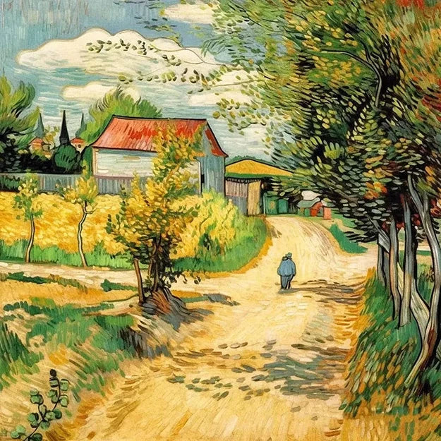 A painting depicting a winding road leading to a house set against a serene background.