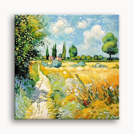 A serene painting depicting a winding path through a golden wheat field, bordered by lush green trees under a clear sky.