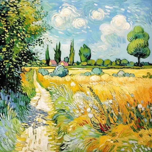 A serene painting depicting a winding path through a golden wheat field, bordered by lush green trees under a clear sky.