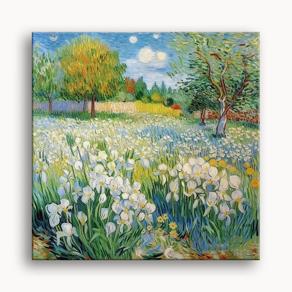 A painting depicting irises in a field, surrounded by trees under a glowing moonlit sky.