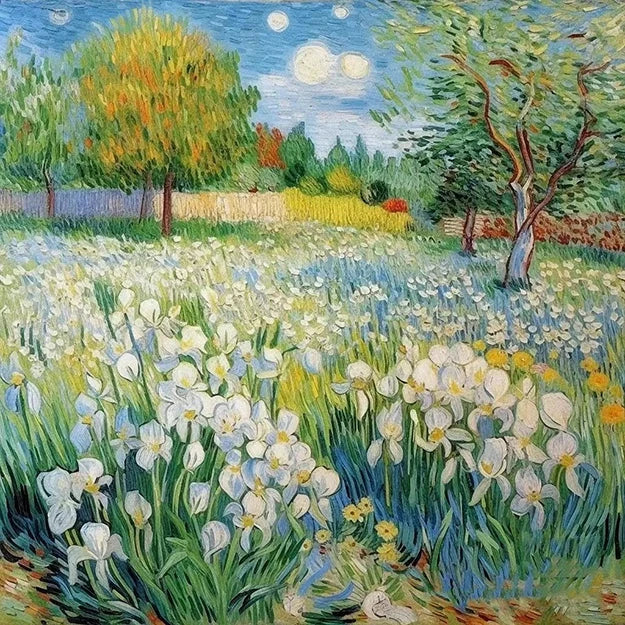 A painting depicting irises in a field, surrounded by trees under a glowing moonlit sky.