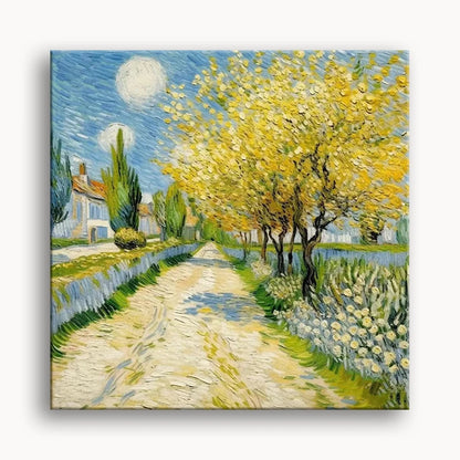 A painting depicting a road lined with trees, featuring a prominent yellow tree among the greenery.