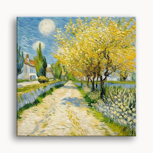 A painting depicting a road lined with trees, featuring a prominent yellow tree among the greenery.