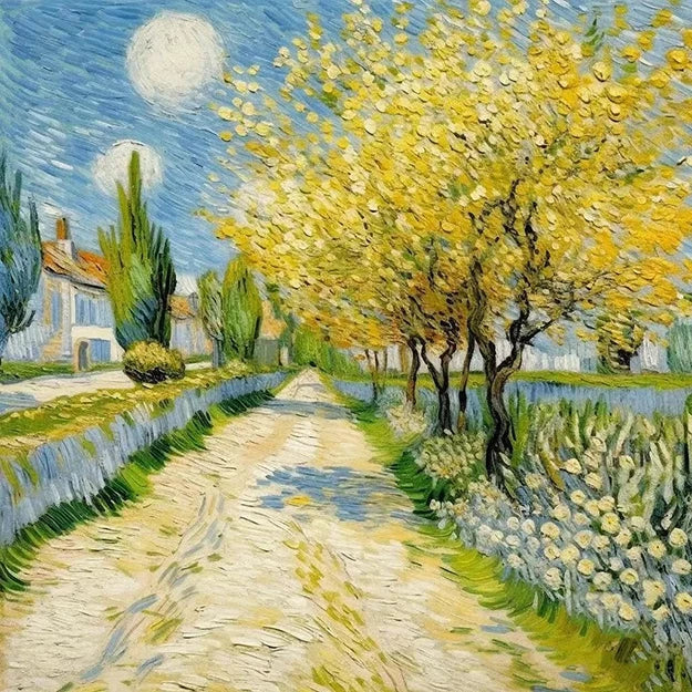 A painting depicting a road lined with trees, featuring a prominent yellow tree among the greenery.