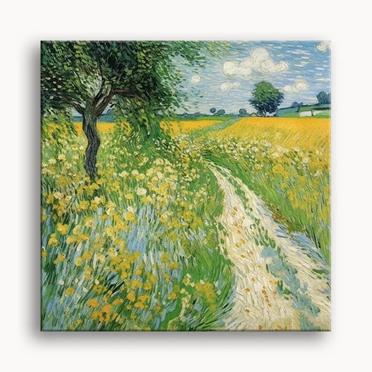 A vibrant painting depicting a field of yellow flowers surrounded by lush green trees under a clear blue sky.