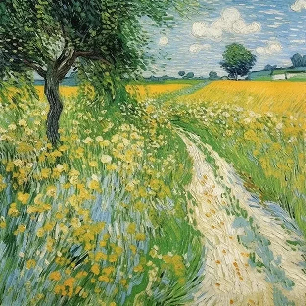 A vibrant painting depicting a field of yellow flowers surrounded by lush green trees under a clear blue sky.