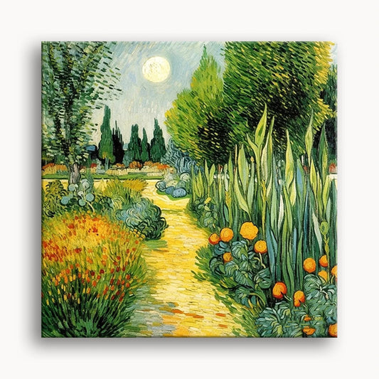 A scenic painting showcasing a path surrounded by lush orange trees and blooming flowers, creating a serene atmosphere.