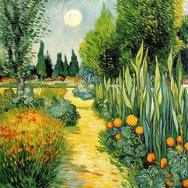 A scenic painting showcasing a path surrounded by lush orange trees and blooming flowers, creating a serene atmosphere.