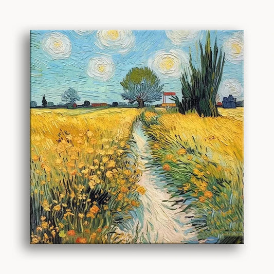 A colorful artwork showcasing a bright yellow field with a meandering path, inviting viewers to explore the landscape.