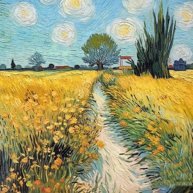 A colorful artwork showcasing a bright yellow field with a meandering path, inviting viewers to explore the landscape.