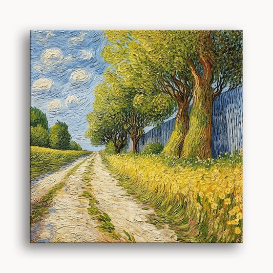A painting depicting a serene road lined with trees and a wooden fence on one side, showcasing a peaceful landscape.
