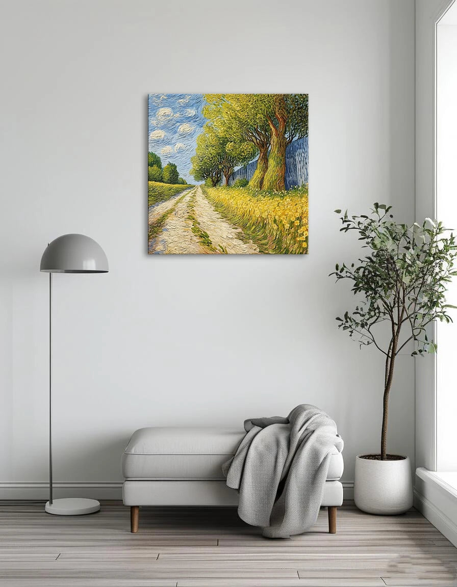 A painting depicting a serene road lined with trees and a wooden fence on one side, showcasing a peaceful landscape.