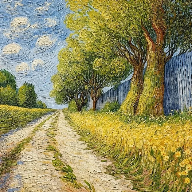 A painting depicting a serene road lined with trees and a wooden fence on one side, showcasing a peaceful landscape.