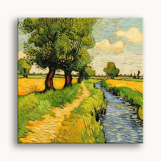 A serene painting depicting a winding road bordered by lush trees in a vibrant green field.