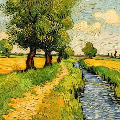 A serene painting depicting a winding road bordered by lush trees in a vibrant green field.