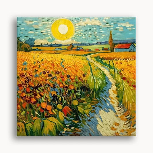 A vibrant painting depicting a sunlit field, showcasing lush greenery under a bright blue sky.