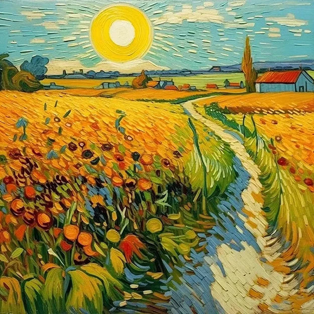 A vibrant painting depicting a sunlit field, showcasing lush greenery under a bright blue sky.