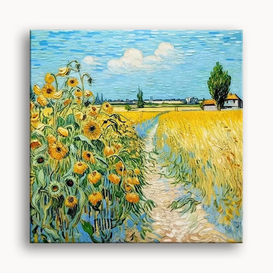A vibrant painting depicting sunflowers blooming in a sunny field, showcasing their bright yellow petals against a blue sky.
