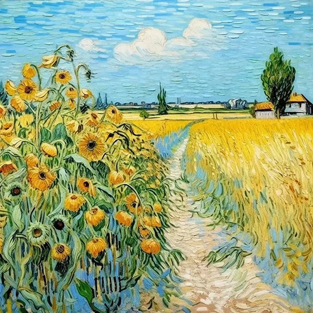 A vibrant painting depicting sunflowers blooming in a sunny field, showcasing their bright yellow petals against a blue sky.