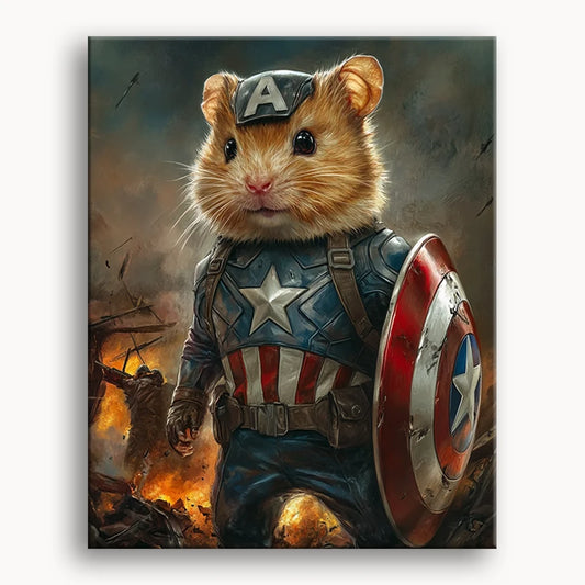 A small hamster wearing a Captain America costume, complete with a shield, standing proudly on a colorful background.