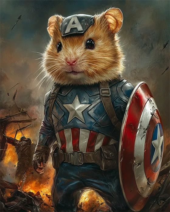 A small hamster wearing a Captain America costume, complete with a shield, standing proudly on a colorful background.