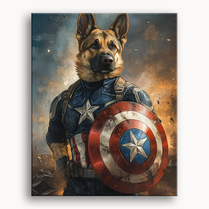 A German Shepherd wearing a Captain America costume, complete with a shield, standing proudly with a heroic pose.