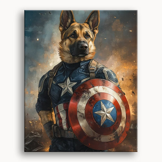A German Shepherd wearing a Captain America costume, complete with a shield, standing proudly with a heroic pose.
