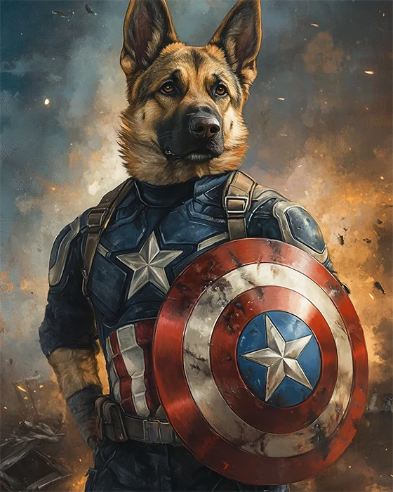 A German Shepherd wearing a Captain America costume, complete with a shield, standing proudly with a heroic pose.