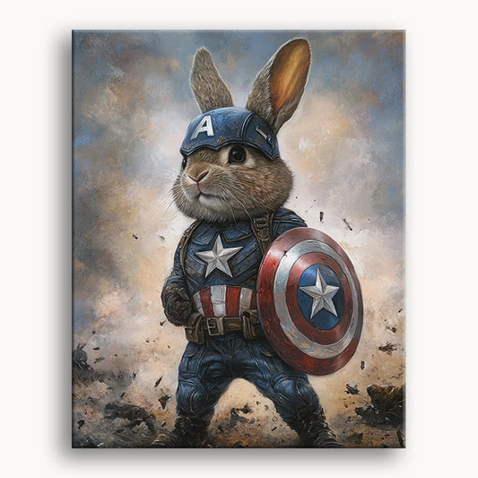 A rabbit wearing a Captain America costume, complete with a shield, standing proudly against a colorful background.
