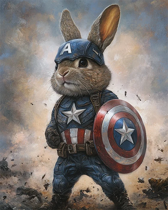 A rabbit wearing a Captain America costume, complete with a shield, standing proudly against a colorful background.