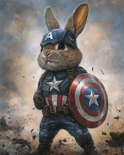 A rabbit wearing a Captain America costume, complete with a shield, standing proudly against a colorful background.