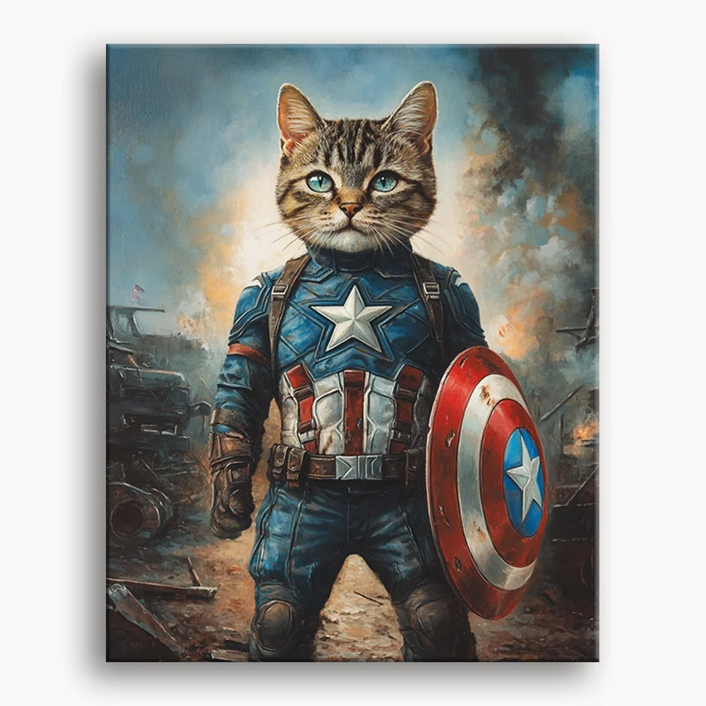 A cat dressed as Captain America, featuring a blue costume with a star and red, white, and blue accents, by artist Josh Klein.