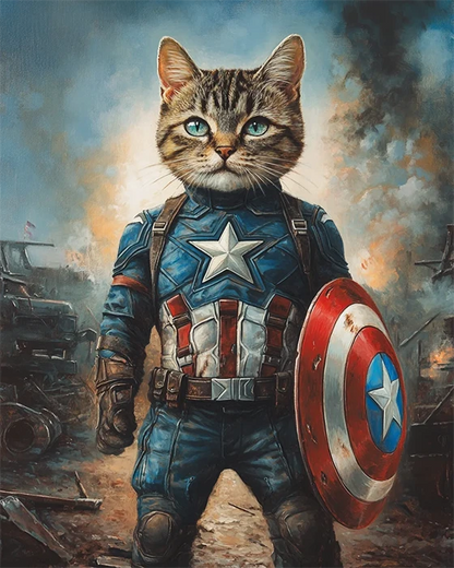 A cat dressed as Captain America, featuring a blue costume with a star and red, white, and blue accents, by artist Josh Klein.