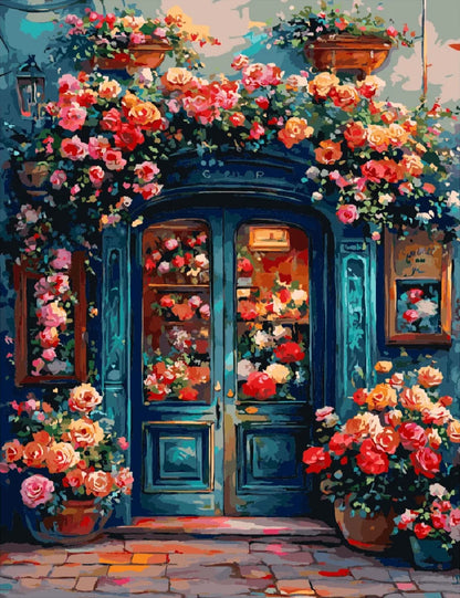A colorful painting of flowers decorates the door of a charming flower shop.